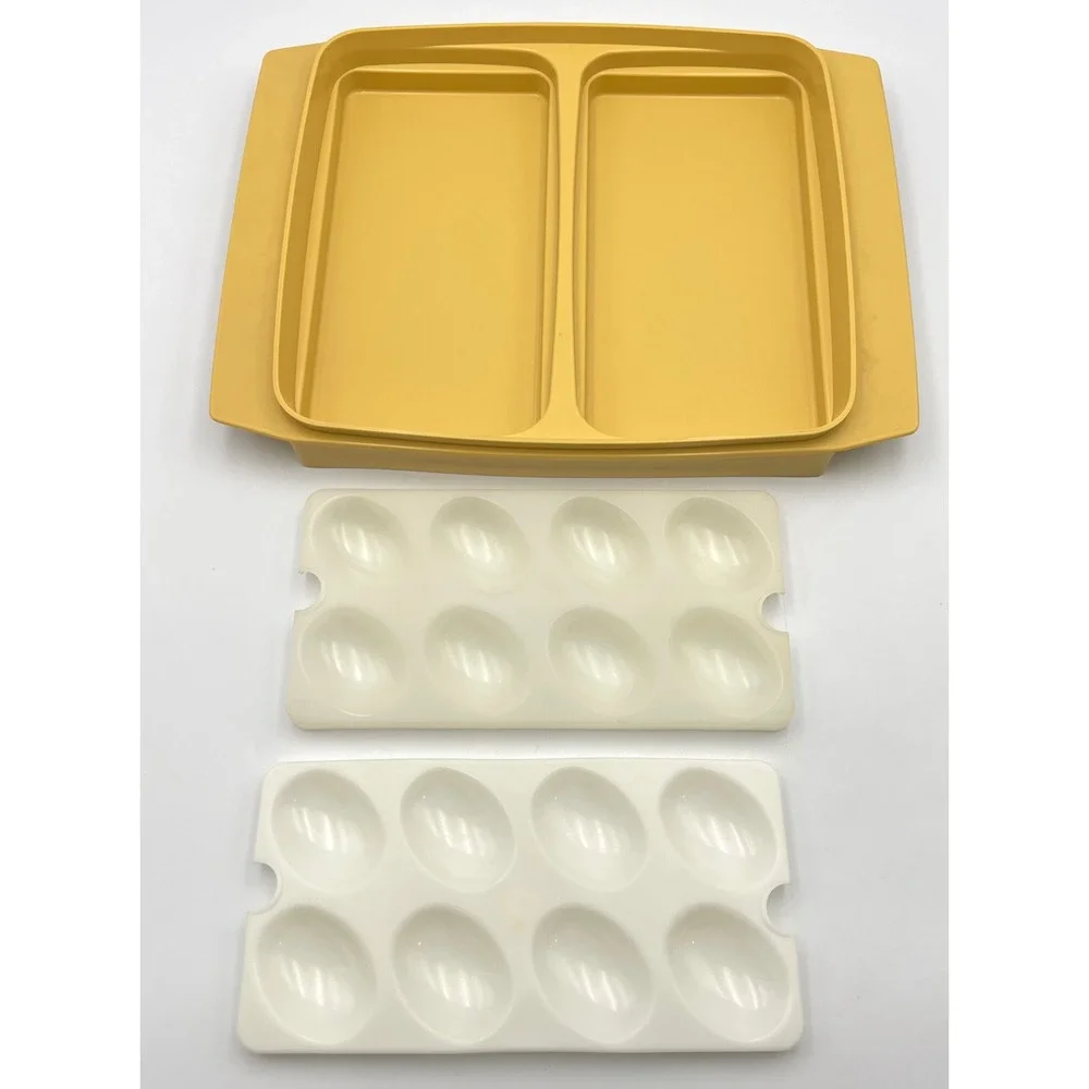 Vintage 1970s Tupperware 723-1 Deviled Egg Keeper Carrier Set of 2 Harvest Gold